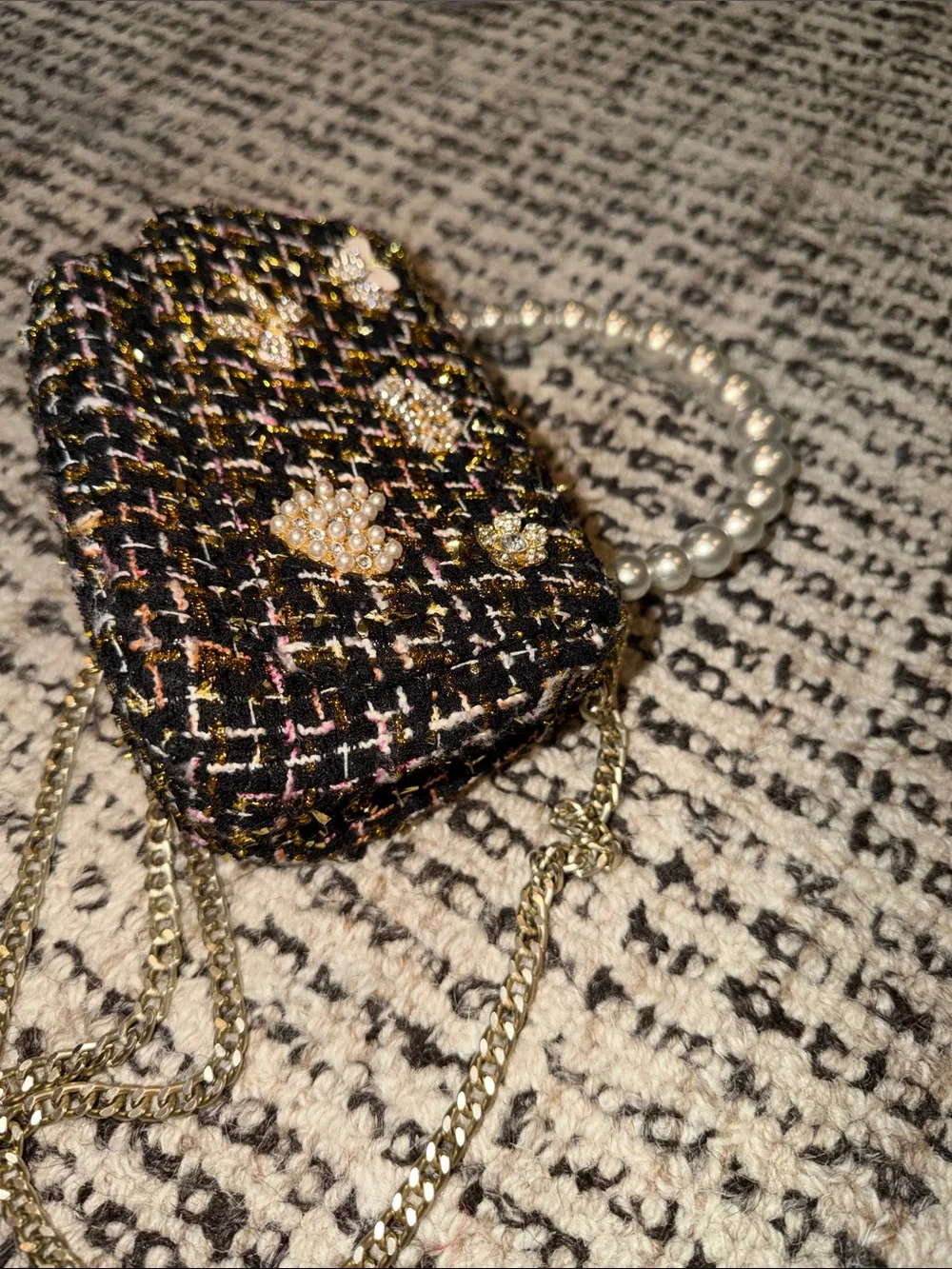Black Multi Tweed Mini Bag with Pearl Handle